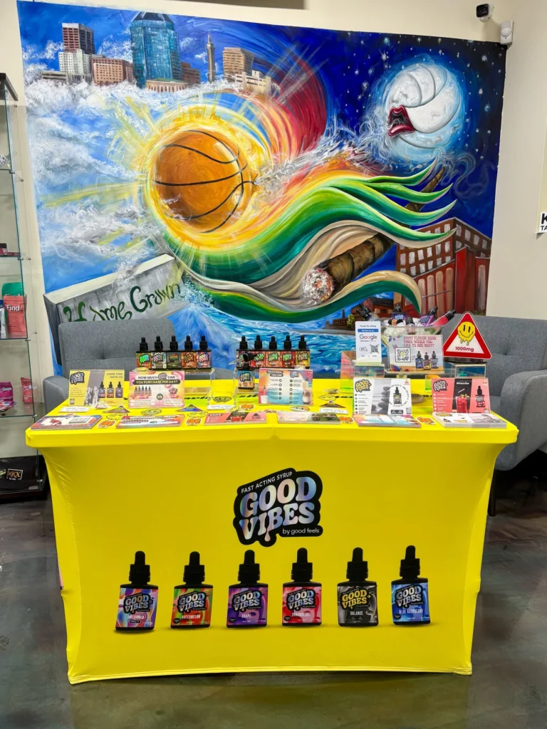 Good Vibes display with Good Vibes packaging and product information at Primus – Springfield.