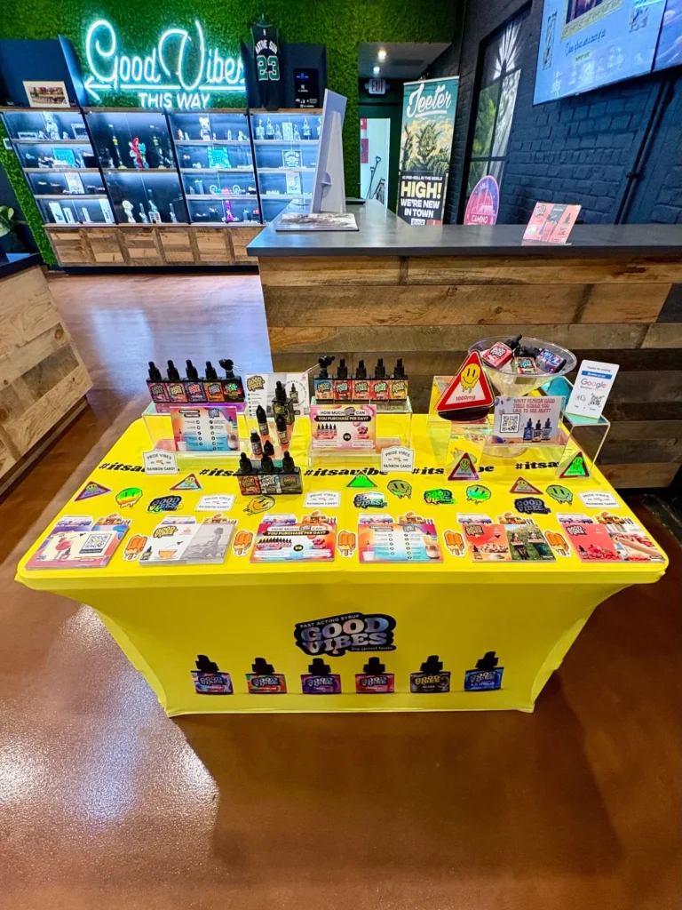 Good Vibes display with Pride Vibes and Rainbow Candy packaging at Native Sun Wellness – South Boston.