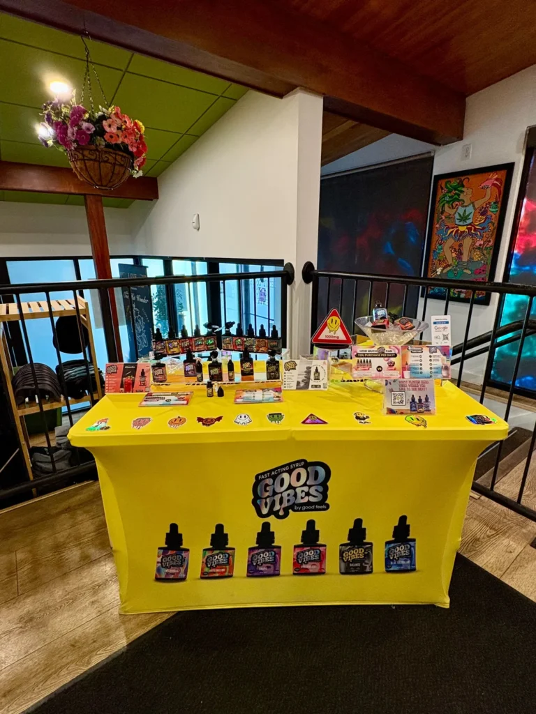 Good Vibes display with Good Vibes packaging and product information at Sanctuary Medicinals – Gardner.