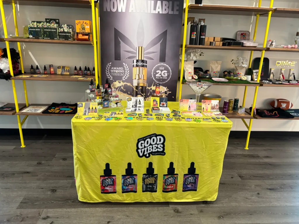 Playful branded display featuring fast-acting syrup at Cheech and Chong – Northampton.