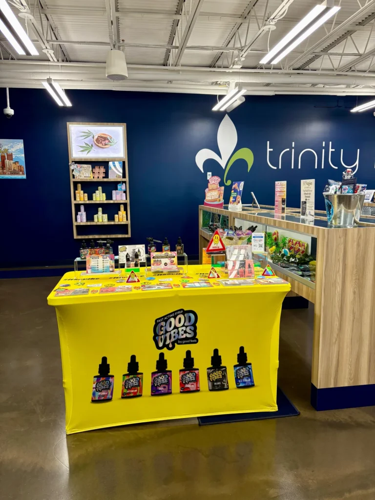 Good Vibes display with Good Vibes packaging and product information at Trinity Naturals – Chelsea.