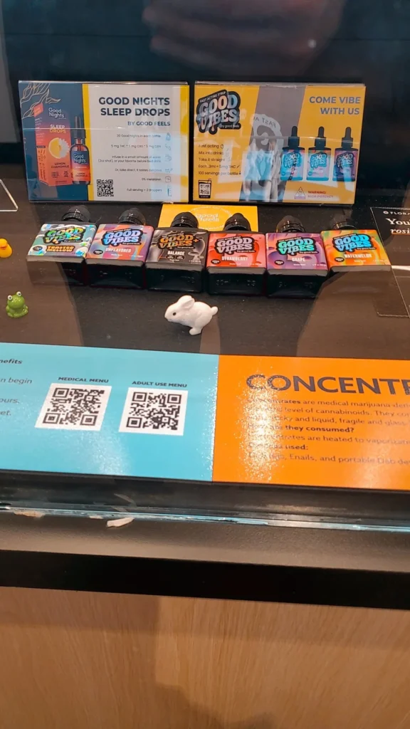 A Good Vibes sign anchoring the retail display at Ethos Cannabis (Medical) - Watertown.
