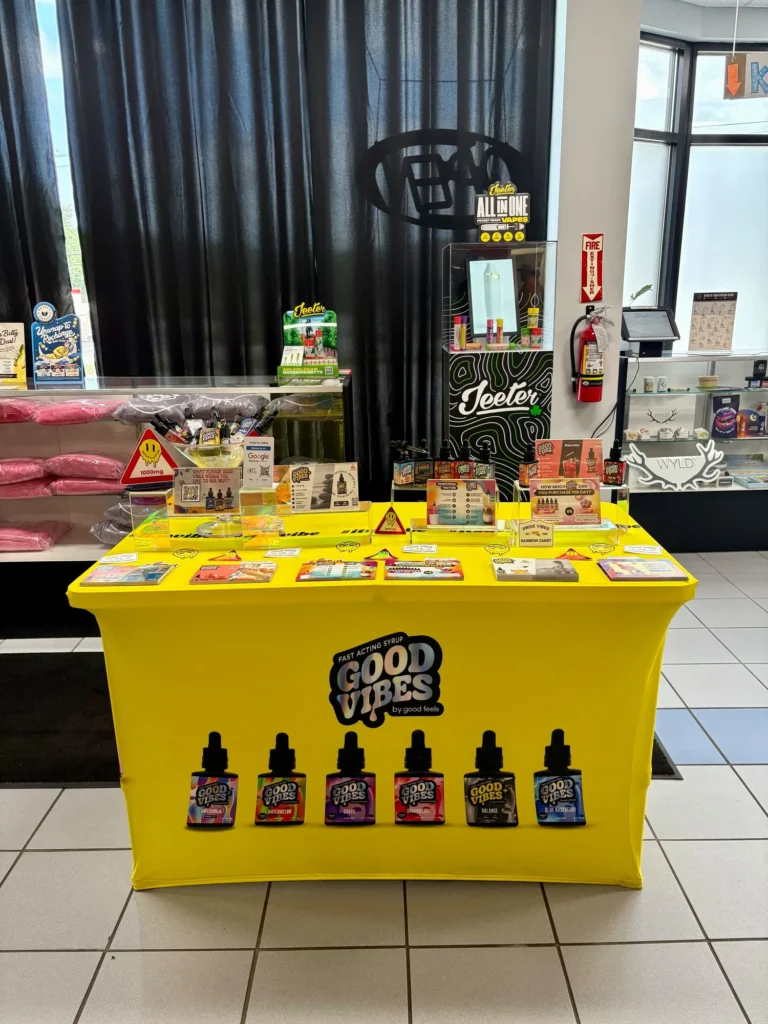 Good Vibes display with Blue Raspberry and Watermelon bottles at Fyre Ants – Easthampton.