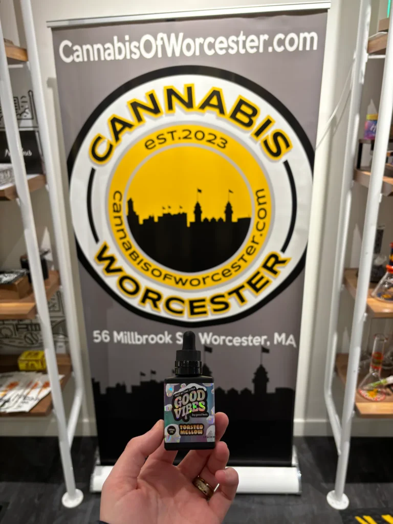 A Good Vibes sign anchoring the retail display at Cannabis of Worcester.