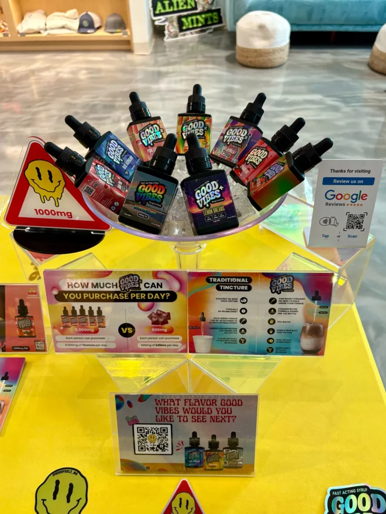 Good Vibes display with traditional tincture and fast-acting syrup at Zahara Cannabis – Attleboro.
