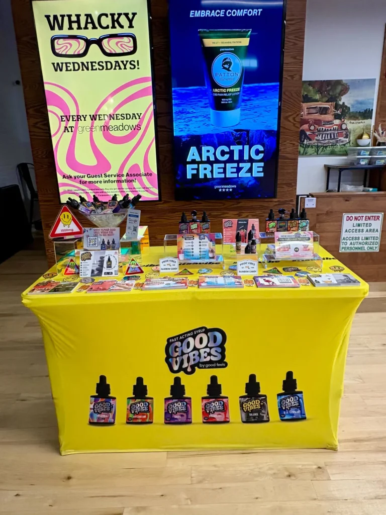Good Vibes display with Pride Vibes and Rainbow Candy packaging at Green Meadows – Southbridge.