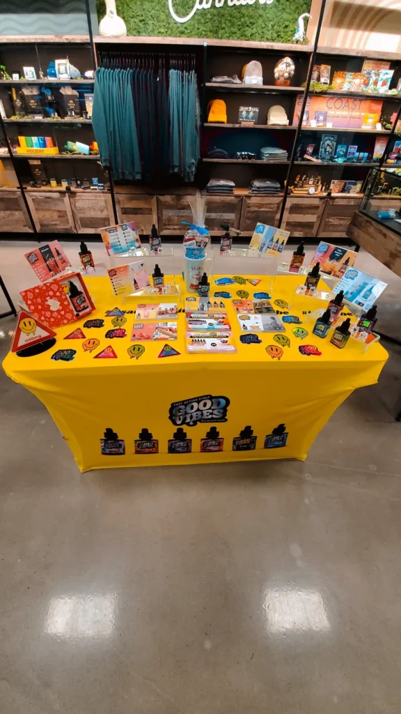 A Good Vibes sign anchoring the retail display at Native Sun Wellness - North Attleboro.