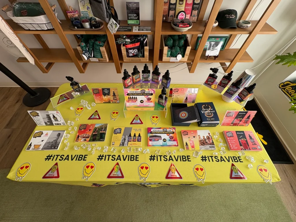 A Good Vibes display arranged across the retail counter at Silver Therapeutics - Williamstown.