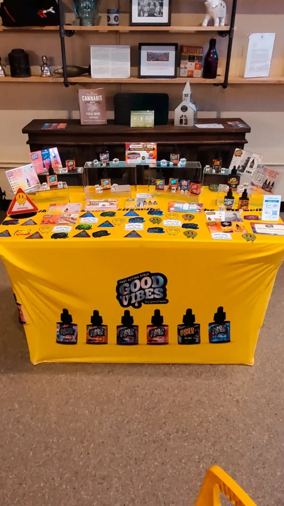 Good Vibes bottles and colorful display cards at CNA Stores - Haverhill.