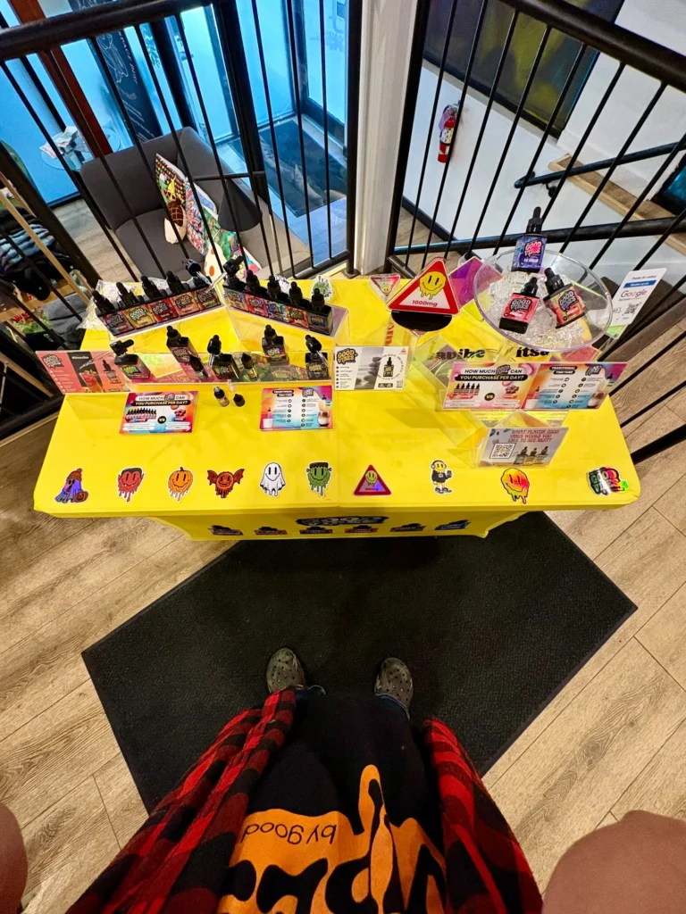 Good Vibes display with Good Vibes packaging and product information at Sanctuary Medicinals – Gardner.