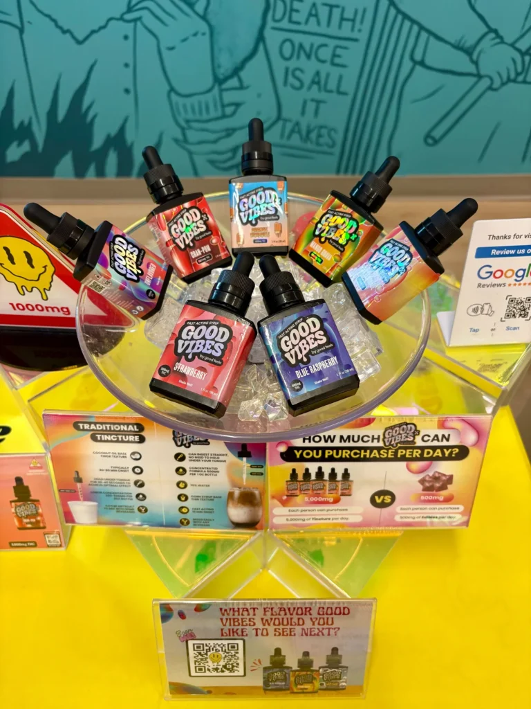 Good Vibes display with Blue Raspberry and Watermelon bottles at Resinate – Worcester.
