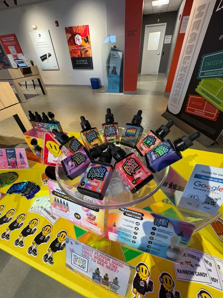 Good Vibes display with Pride Vibes and Rainbow Candy packaging at Ethos Cannabis – Fitchburg.