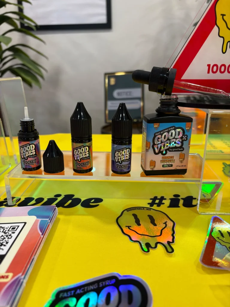Good Vibes bottles and colorful display cards at The Botanist - Shrewsbury.