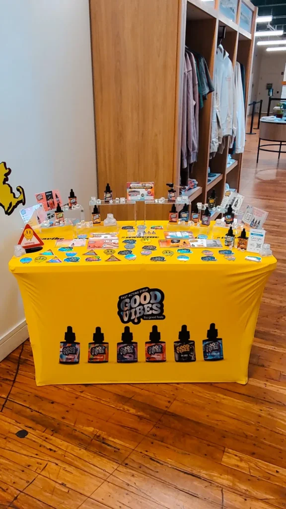 A Good Vibes display arranged across the retail counter at Rise - Dracut.