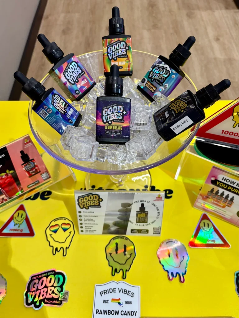 Good Vibes bottles and colorful display cards at New England Harvest - Clinton.