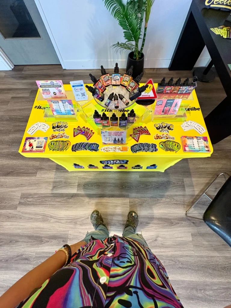 Good Vibes display with Pride Vibes and Rainbow Candy packaging at Lowell Cannabis Co..