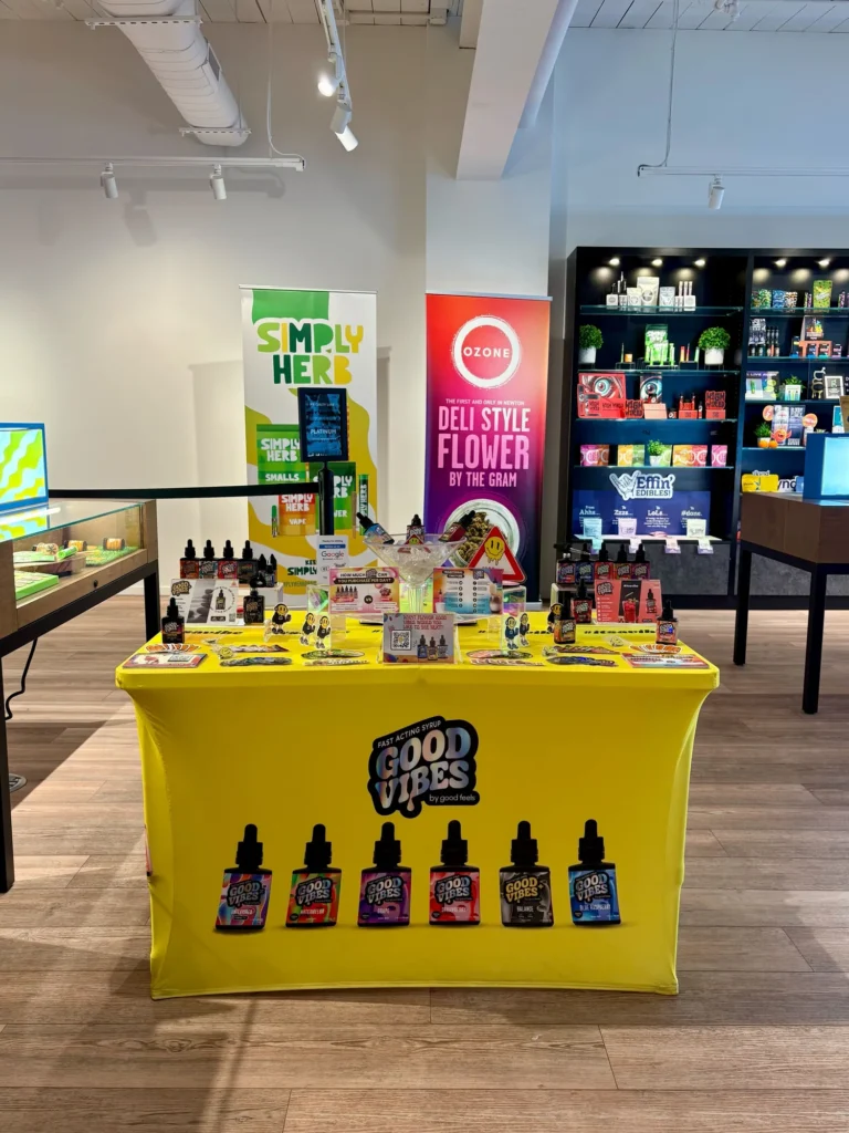 Good Vibes display with Good Vibes packaging and product information at Ascend – Newton.