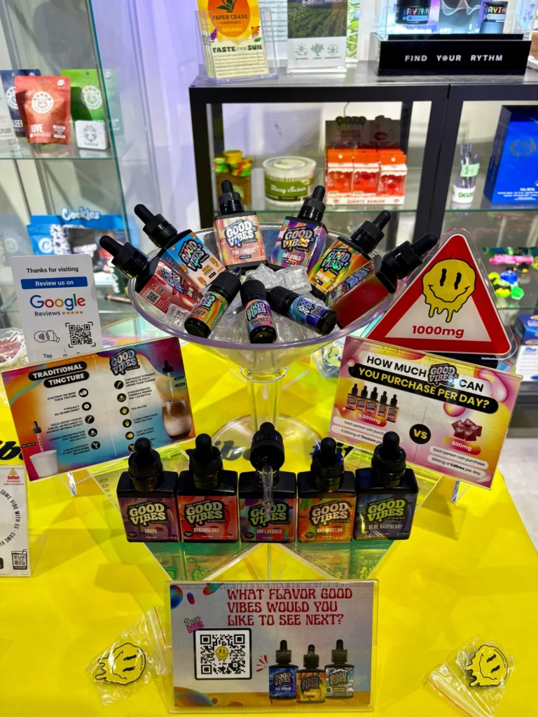 Good Vibes display with Blue Raspberry and Watermelon bottles at Dutchess Cannabis – Framingham.