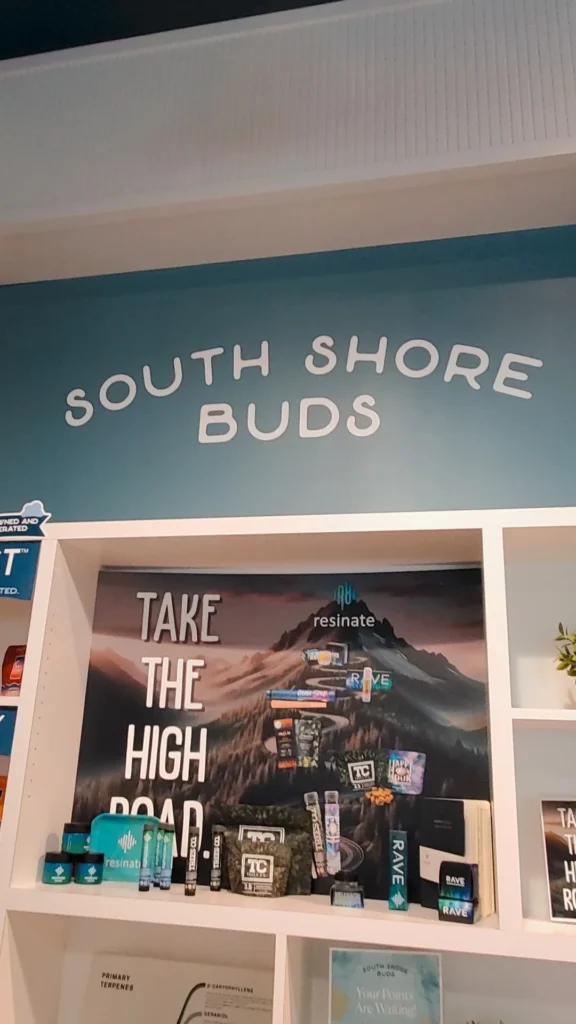 A retail sign anchoring the display at South Shore Buds - Marshfield.