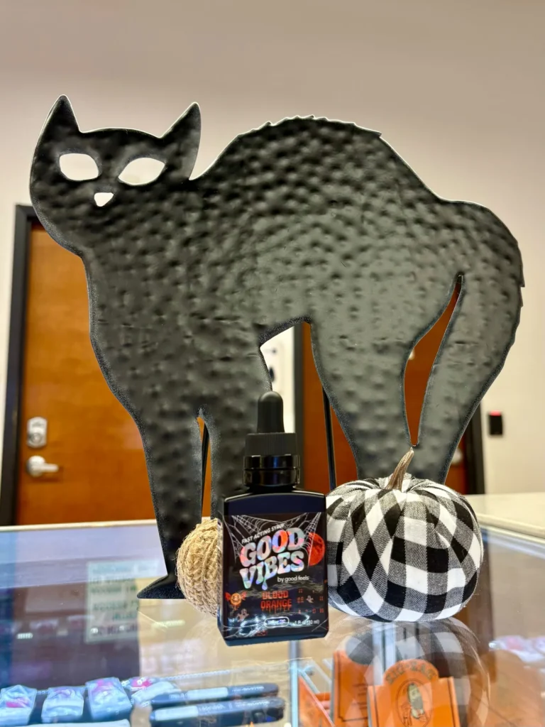 Good Vibes display with Good Vibes packaging and product information at Green Meadows – Southbridge.
