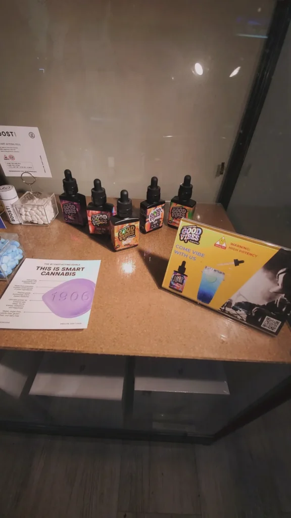 Good Vibes bottles and colorful display cards at Nova Farms - Dracut.