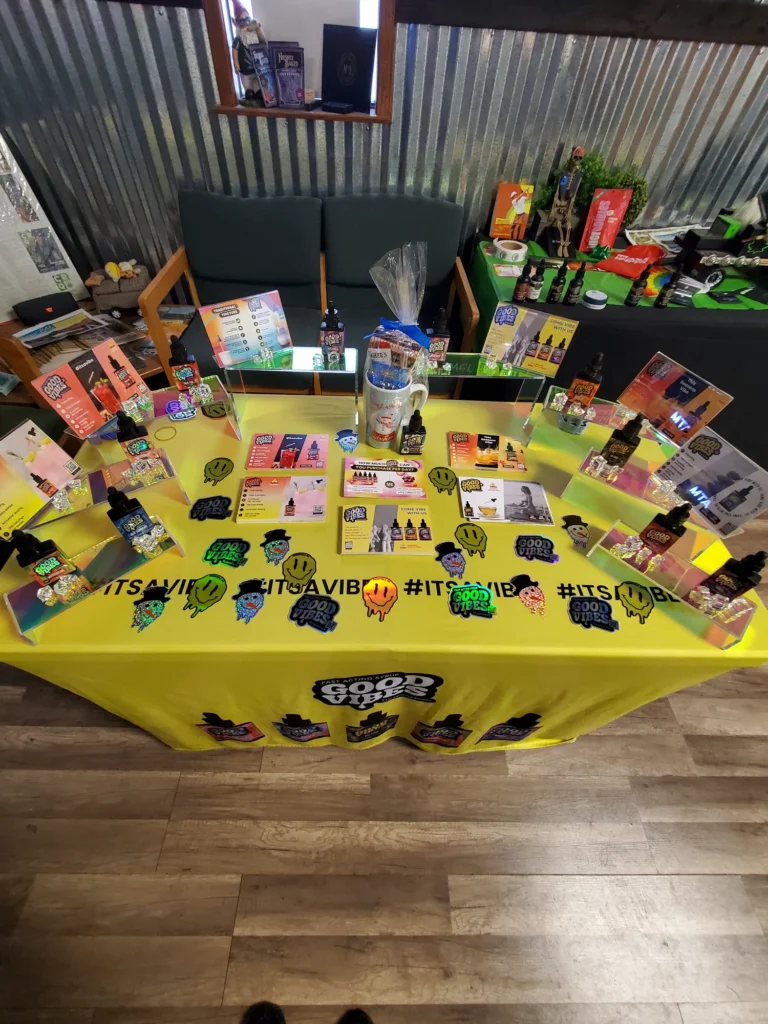 A Good Vibes sign anchoring the retail display at Boston Bud Factory - Holyoke.