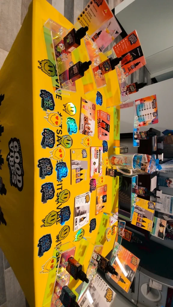 A Good Vibes sign anchoring the retail display at Alternative Compassion Services - Bridgewater.