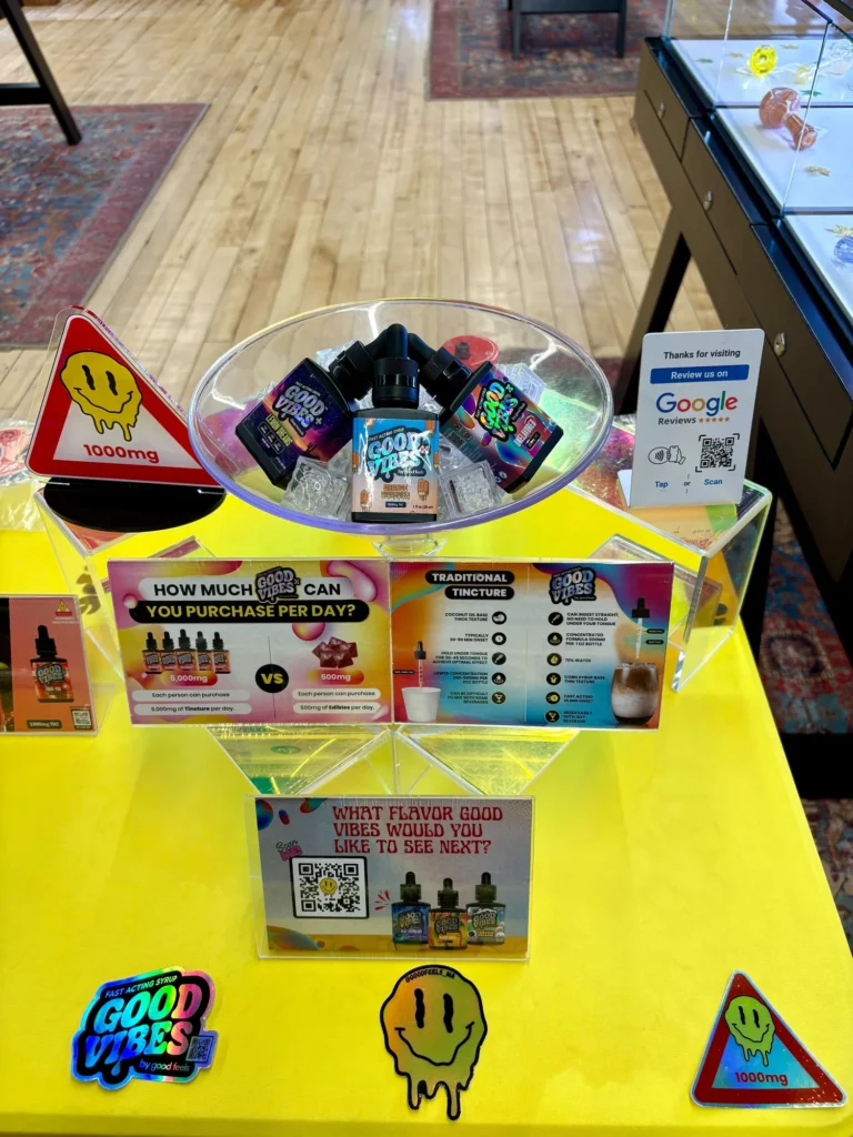 Good Vibes display with traditional tincture and fast-acting syrup at Green Meadows – Southbridge.