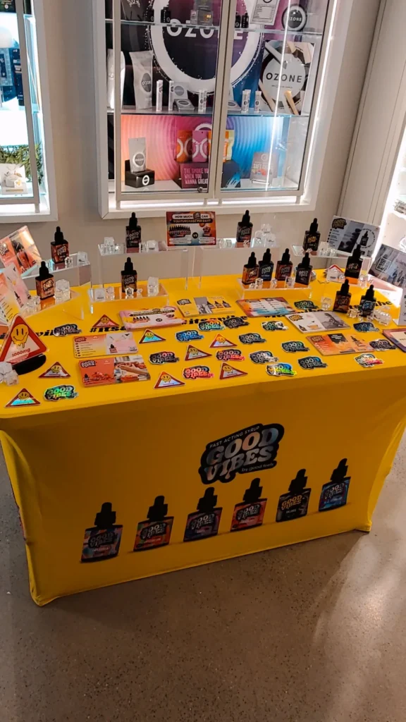 Good Vibes bottles and colorful display cards at Ascend - Boston.