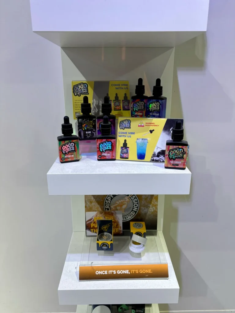 Good Vibes display with Blue Raspberry and Watermelon bottles at Dutchess Cannabis – Framingham.
