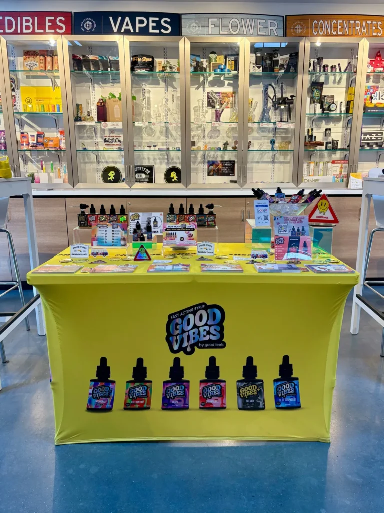 Good Vibes display with Pride Vibes and Rainbow Candy packaging at Eastern Cannabis Co – Malden.