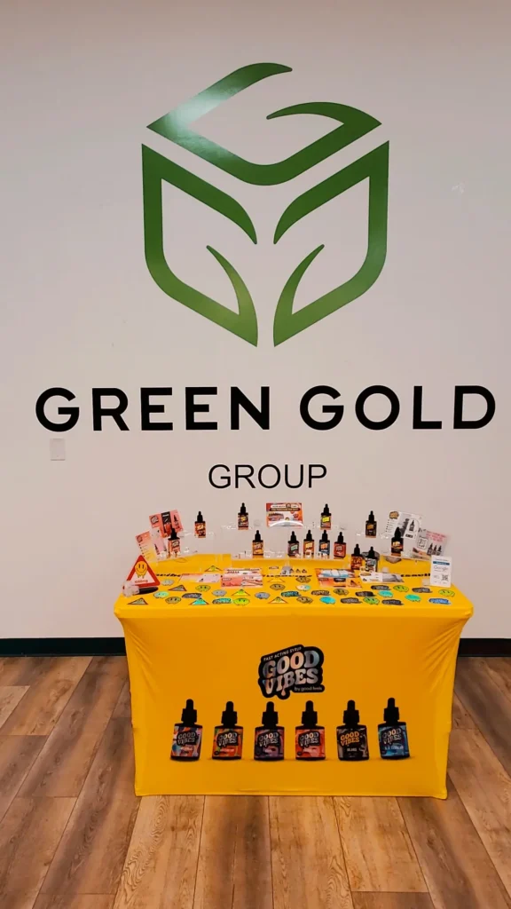 Good Vibes bottles and colorful display cards at Green Gold Group - Marlborough.