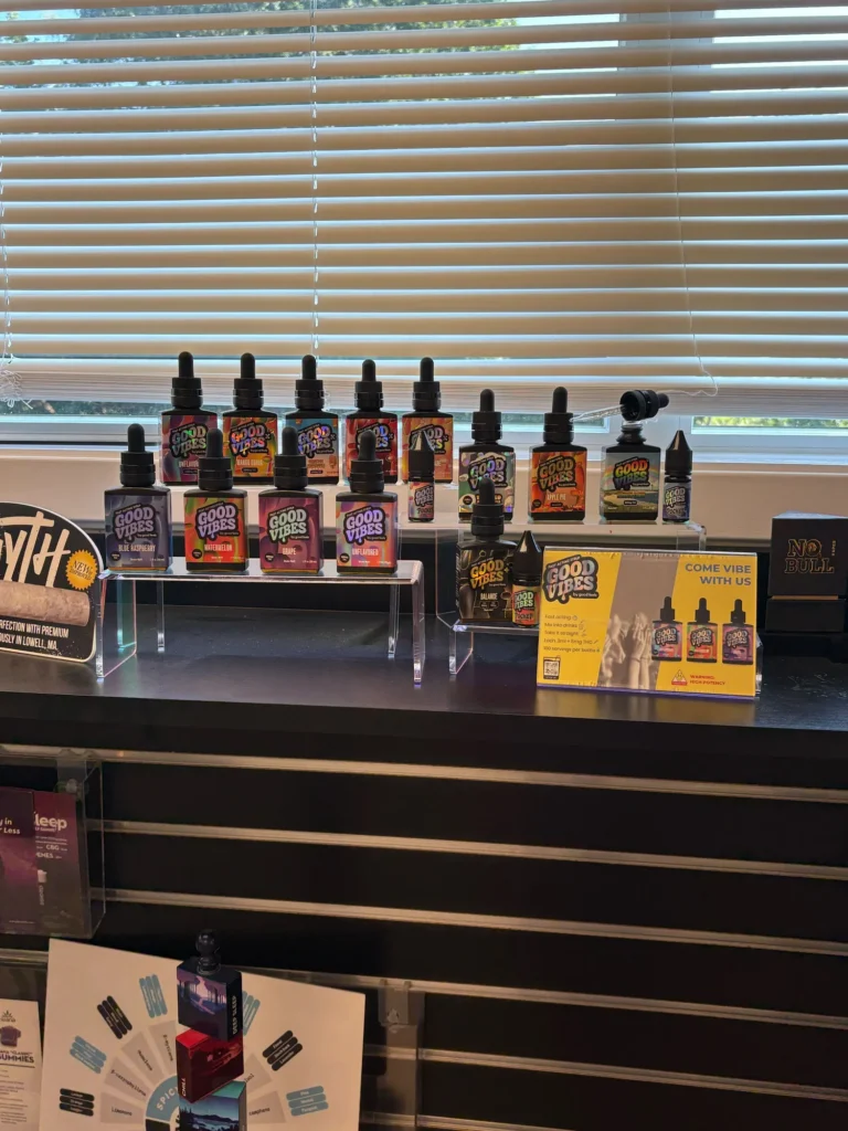 Good Vibes display with Blue Raspberry and Watermelon bottles at BeWell – Merrimac.