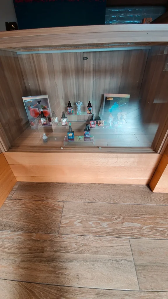 A retail display arranged across the counter at Renew Cannabis Co (Berkley).