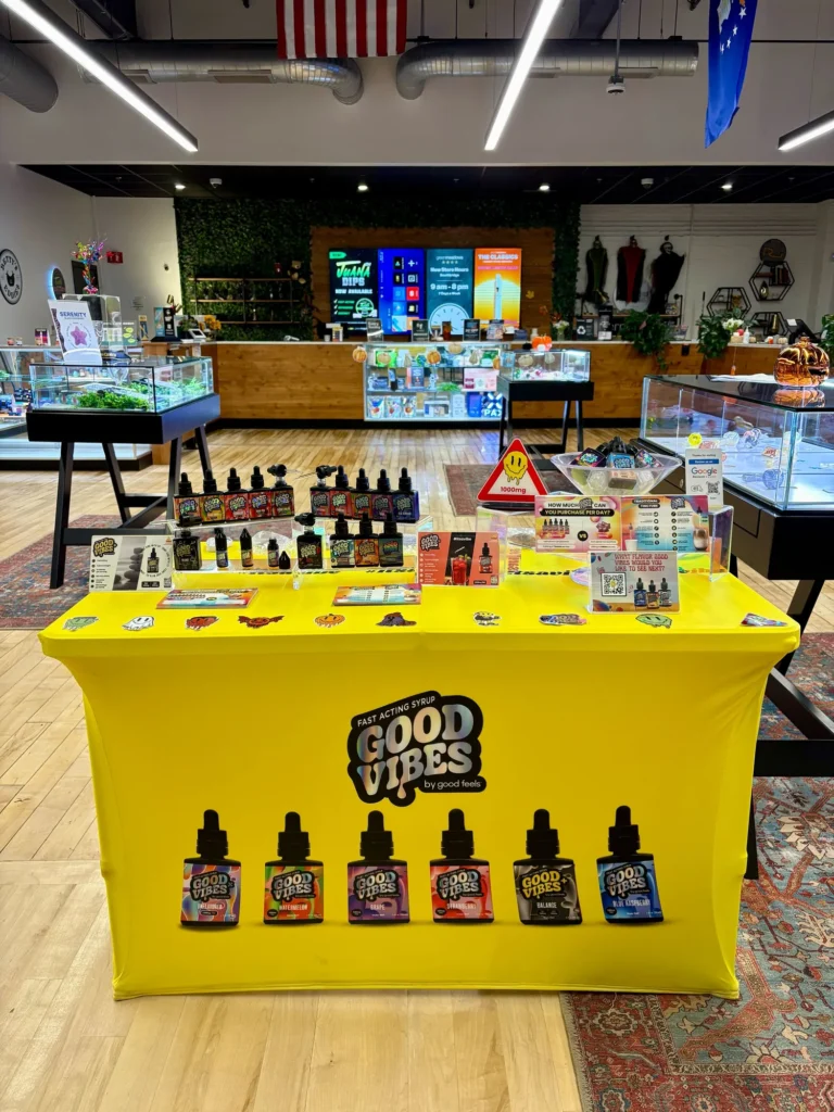 Good Vibes display with Blue Raspberry and Watermelon bottles at Green Meadows – Southbridge.