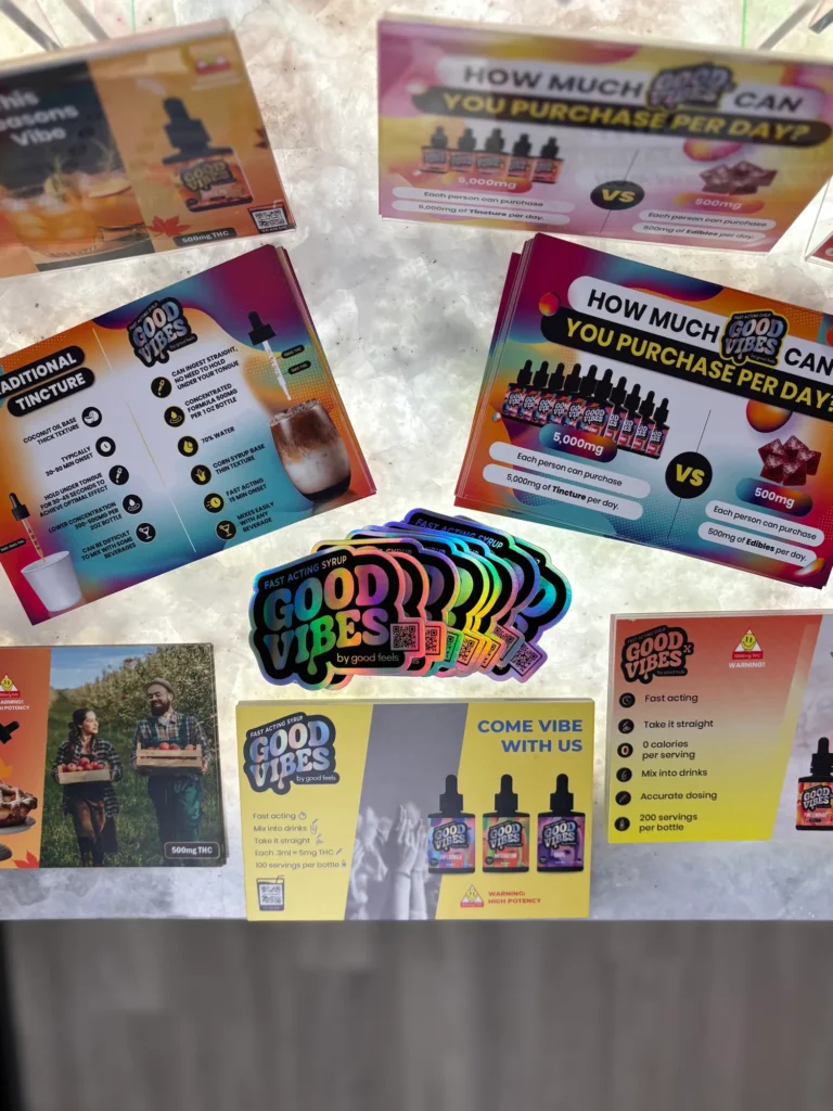 A Good Vibes sign anchoring the retail display at OMG Cannabis - Fitchburg.