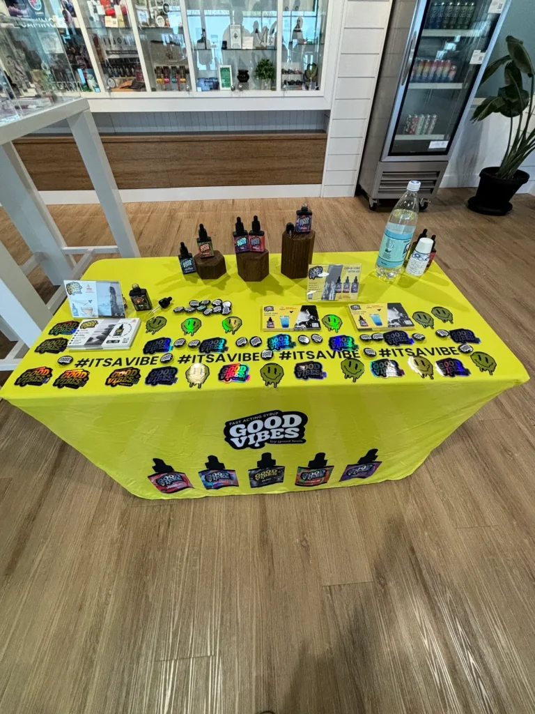 Bright branded display featuring Good Vibes products at South Shore Buds – Marshfield.