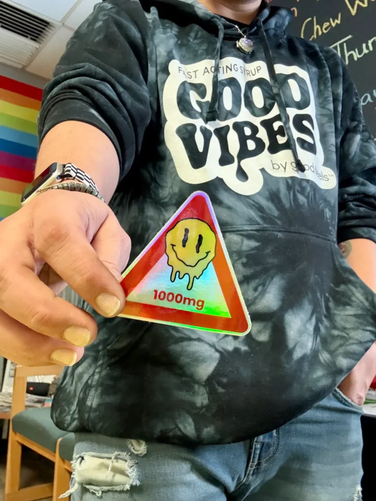 A Good Vibes display arranged across the retail counter at Boston Bud Factory - Holyoke.