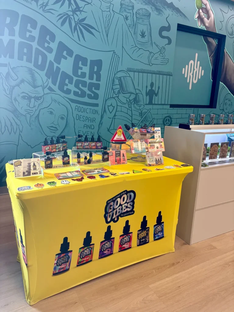 Good Vibes display with Good Vibes packaging and product information at Resinate – Worcester.