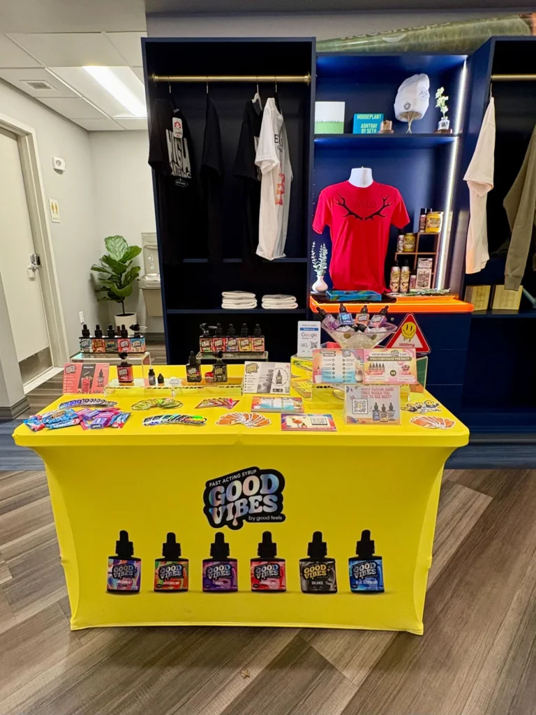 Good Vibes display with Good Vibes packaging and product information at Pettals – Attleboro.