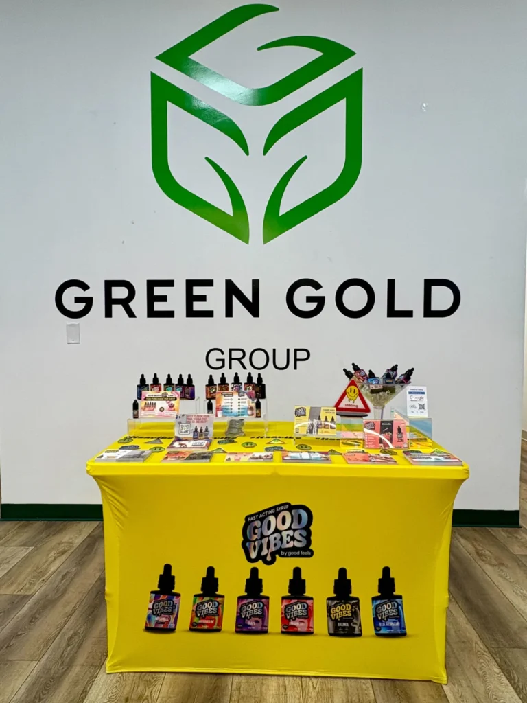 A Good Vibes sign anchoring the retail display at Green Gold Group - Marlborough.