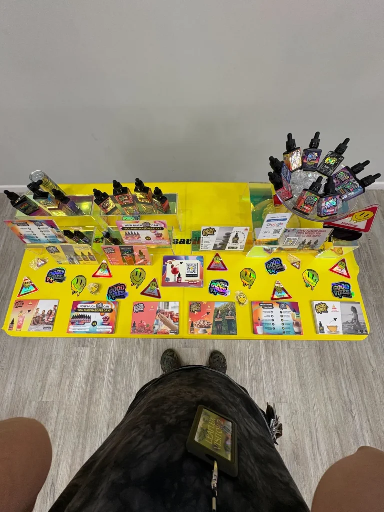 A retail display arranged across the counter at Leaflux - Holyoke.