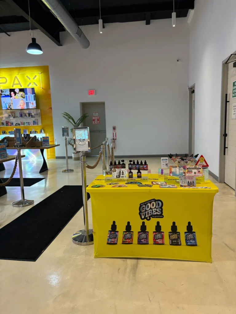 Good Vibes display with Good Vibes packaging and product information at Northeast Alternatives – Seekonk.