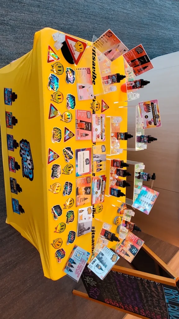 A Good Vibes display arranged across the retail counter at Ethos Cannabis (Medical) - Watertown.