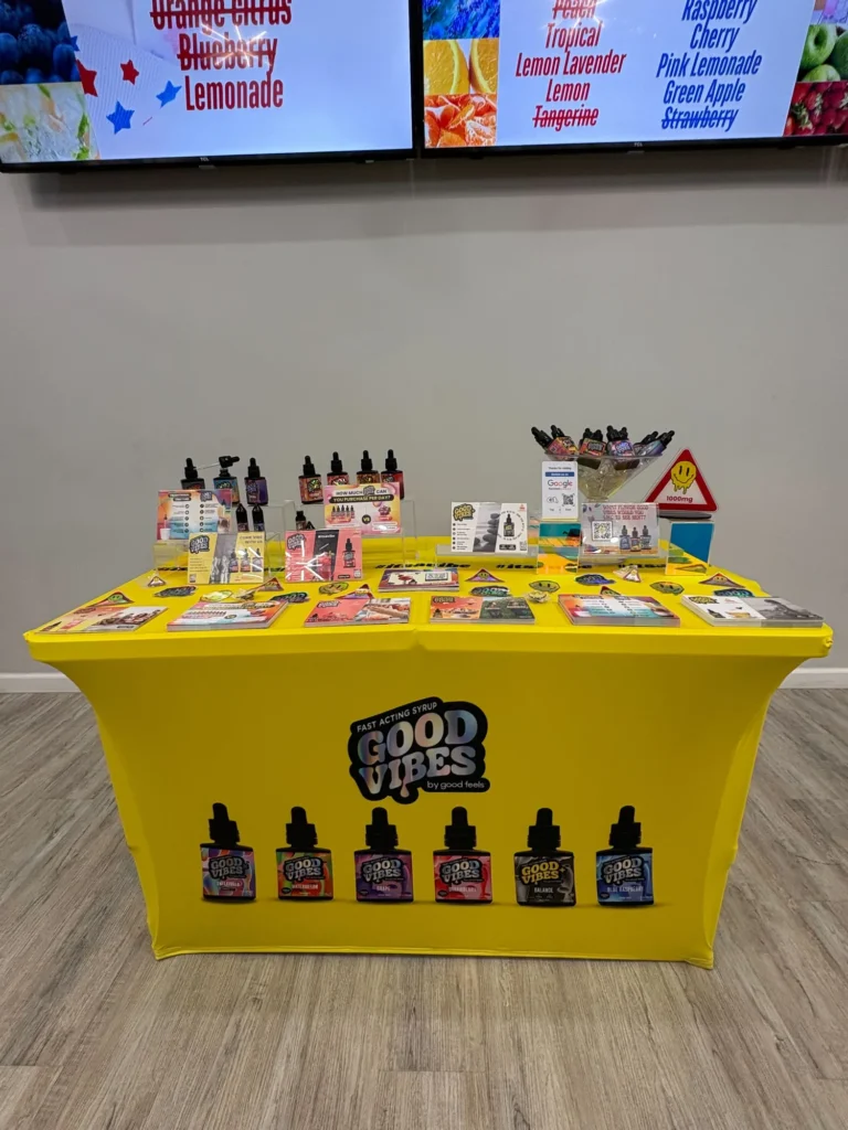 A Good Vibes sign anchoring the retail display at Leaflux - Holyoke.