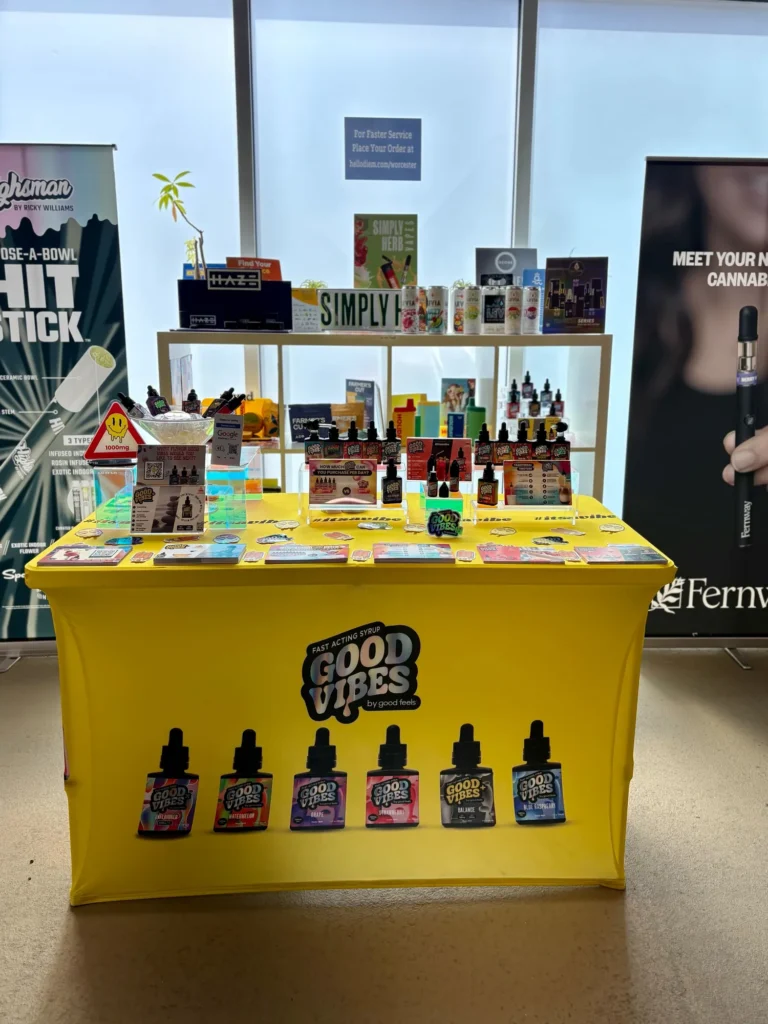 Good Vibes display with Blue Raspberry and Watermelon bottles at DIEM – Worcester.