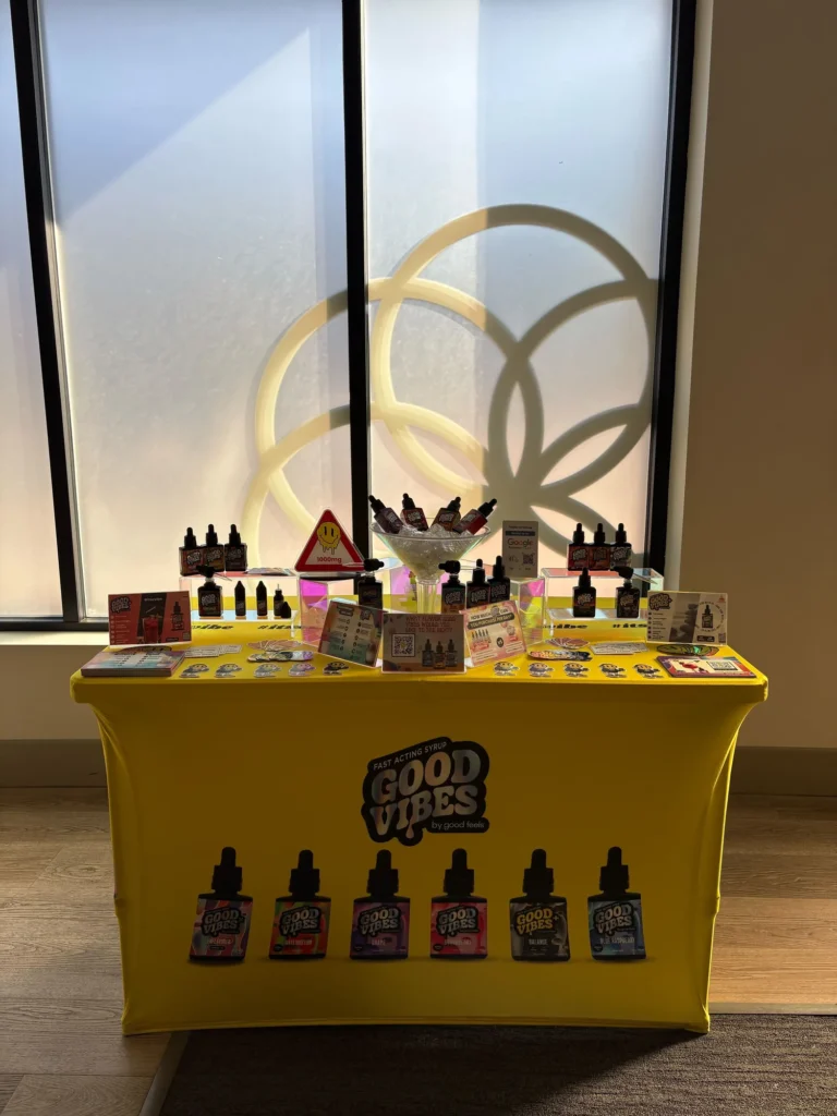 Good Vibes display with Blue Raspberry and Watermelon bottles at Ethos Cannabis (Medical) – Watertown.