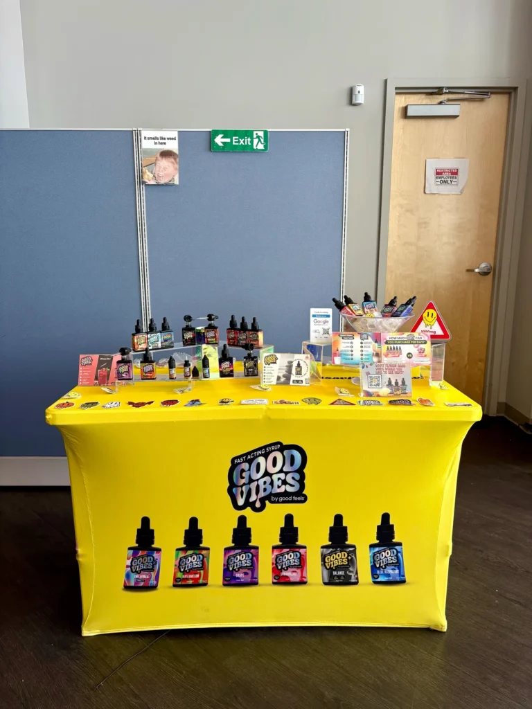Good Vibes display with Good Vibes packaging and product information at Resinate – Northampton.