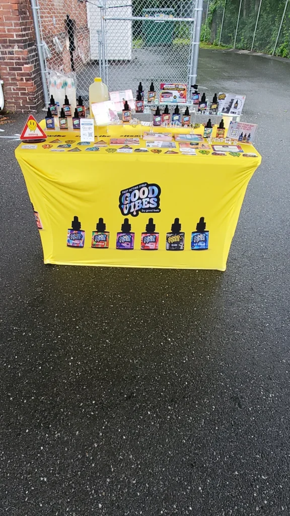 A Good Vibes sign anchoring the retail display at Patriot Care - Greenfield.