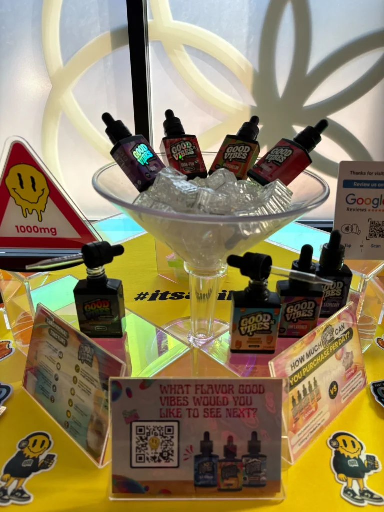 Good Vibes display with Good Vibes packaging and product information at Ethos Cannabis (Medical) – Watertown.